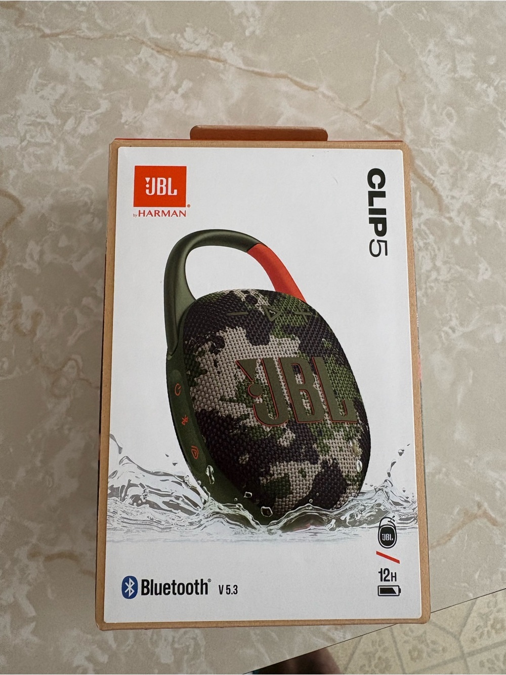 JBL Clip 5 Portable Bluetooth Speaker - Green Camo with Orange Accent